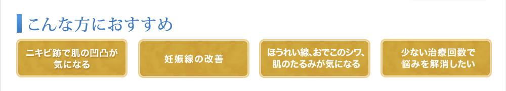 ニキビ跡で肌の凹凸が気になる 妊娠線の改善 ほうれい線、おでこのシワ、肌のたるみが気になる 少ない治療回数で悩みを解消したい